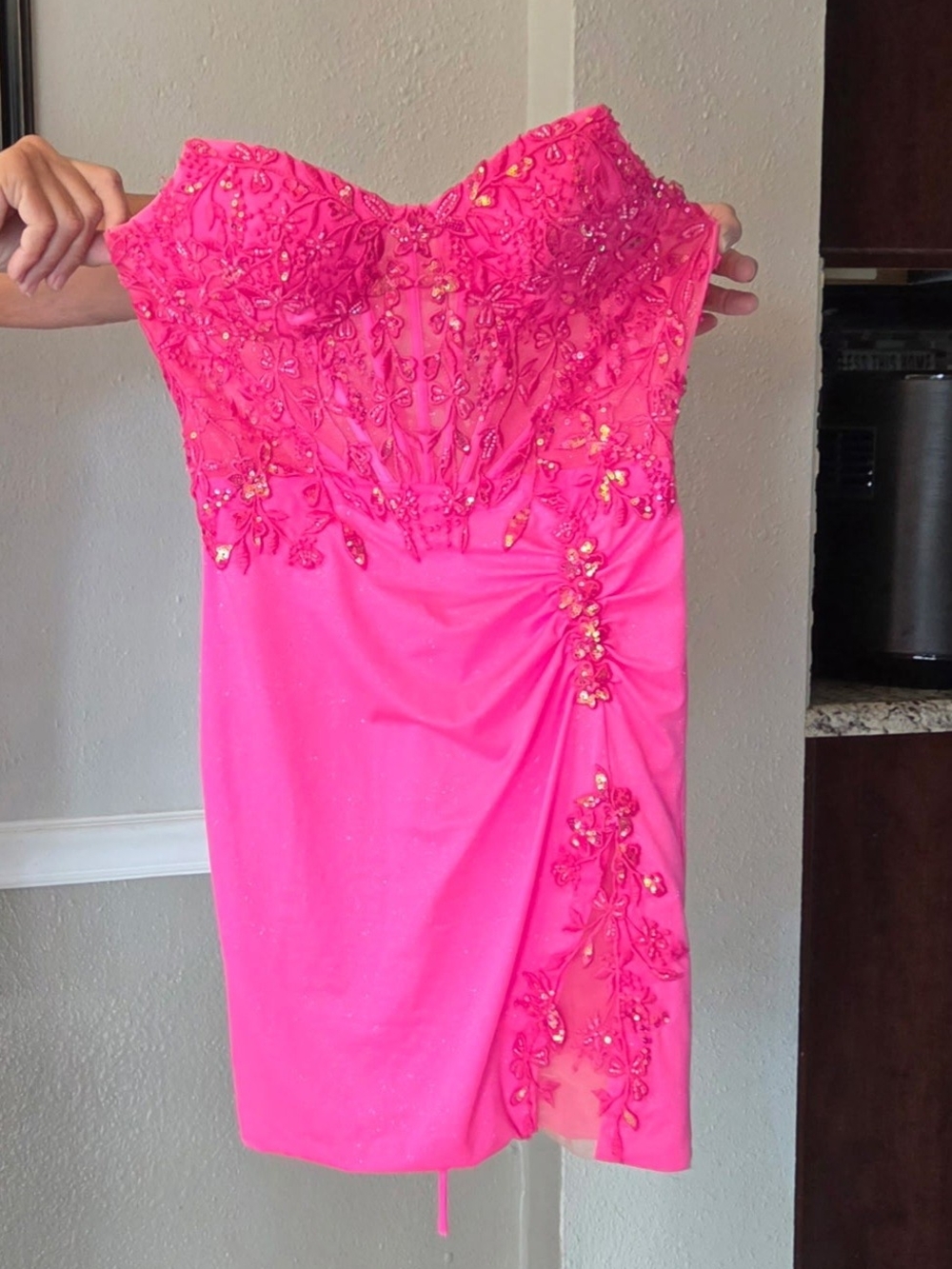 Strapless Hot Pink Embellished Cocktail Dress